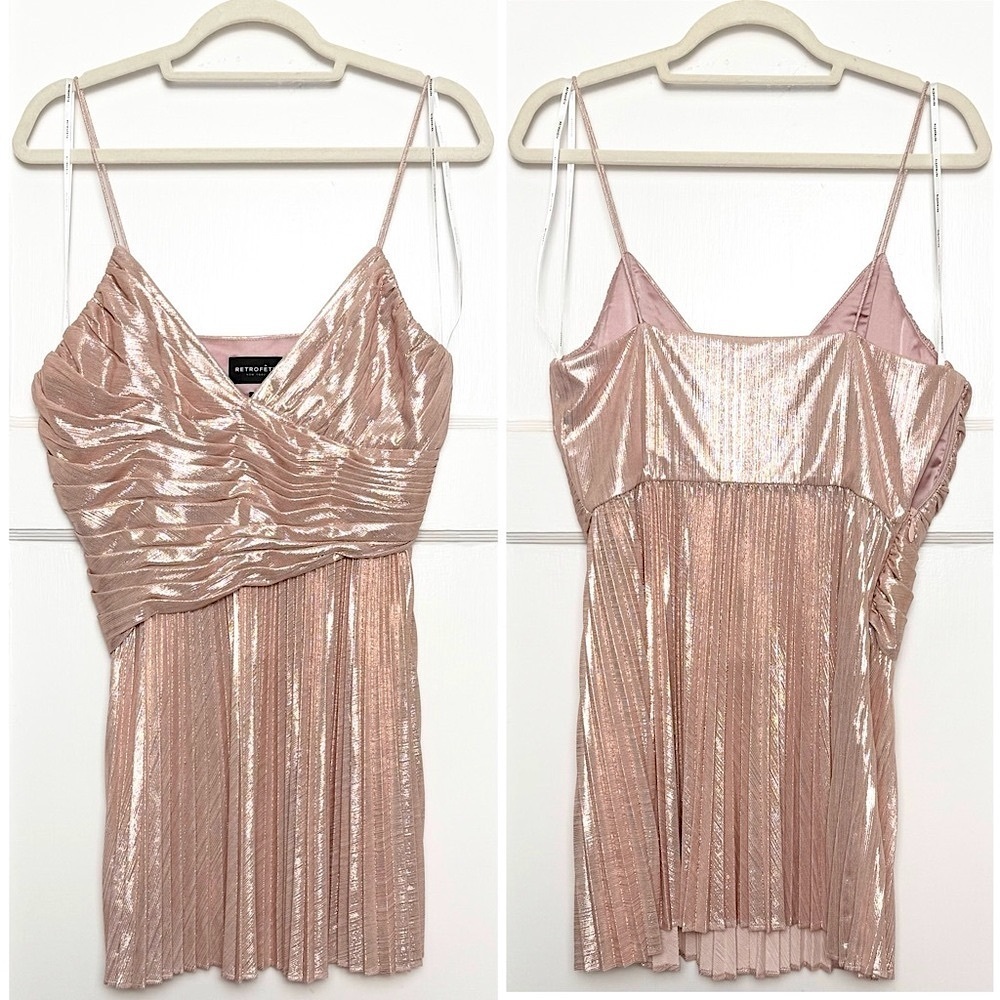 NWT RETROFETE Metallic Ballet Pink Pleated Sleeveless Crossover V-Neck Dress M - Picture 5 of 10